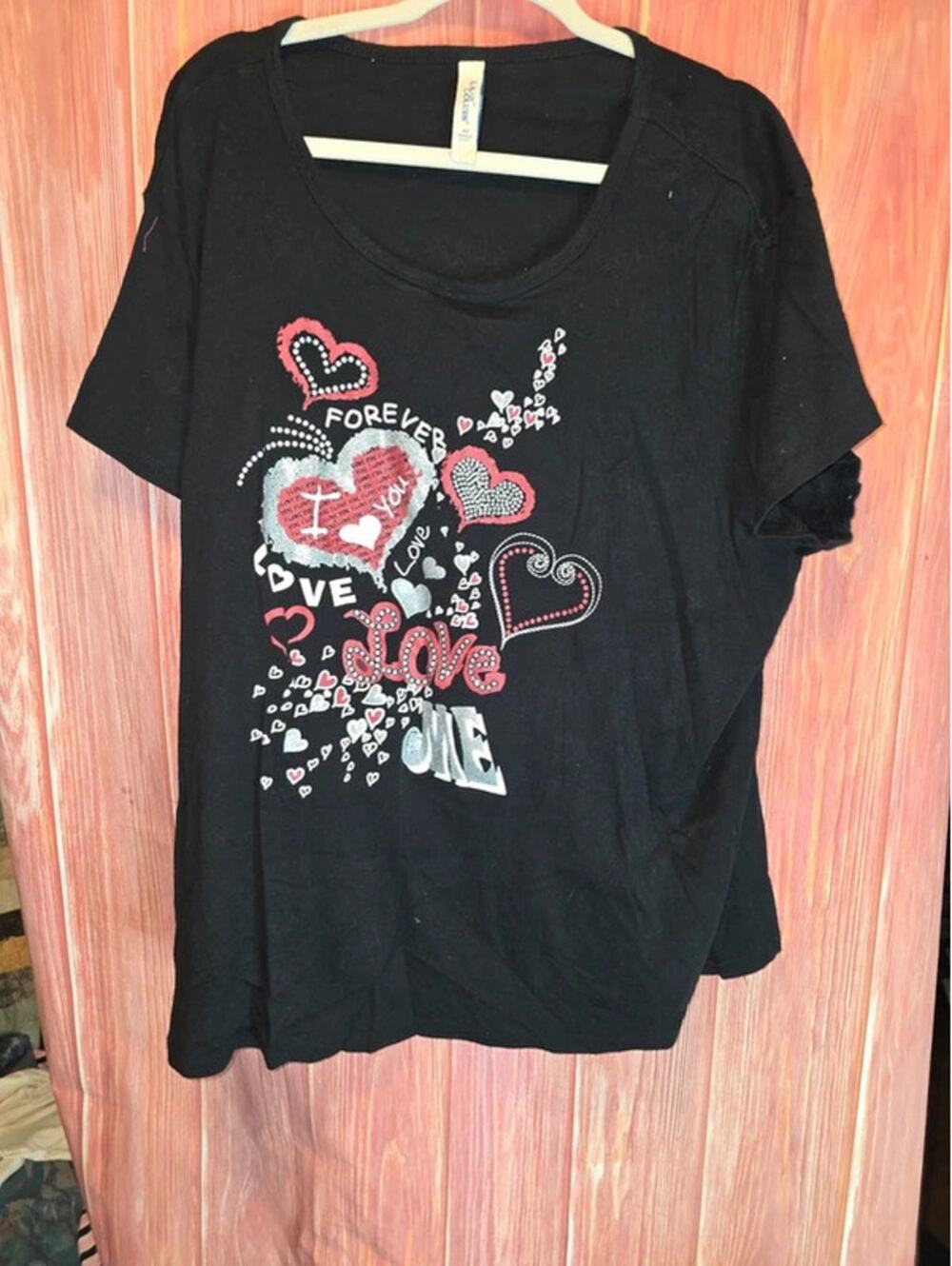 LA Blues Black Glitter Love Hearts Graphic Scoop Neck T-Shirt 4X Made in USA